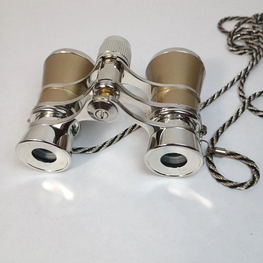 Opera Theater Glass Binocular 3X25 Golden Silver with Metal Chain Steampunk